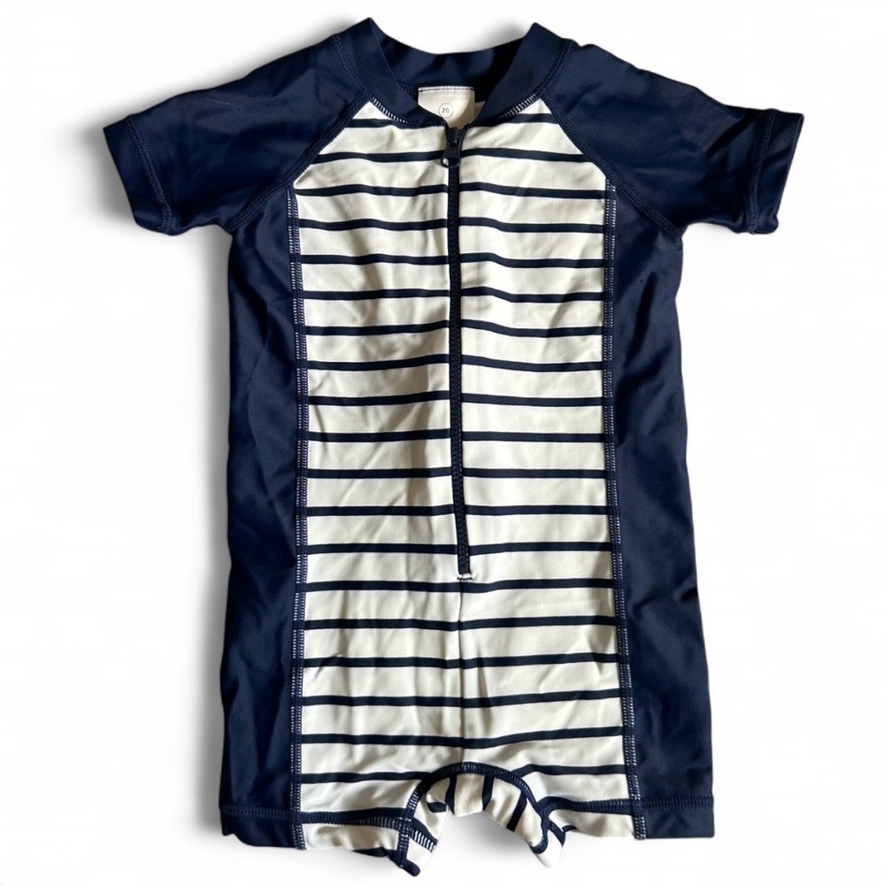 Hanna Andersson Navy and White Striped Swim Romper